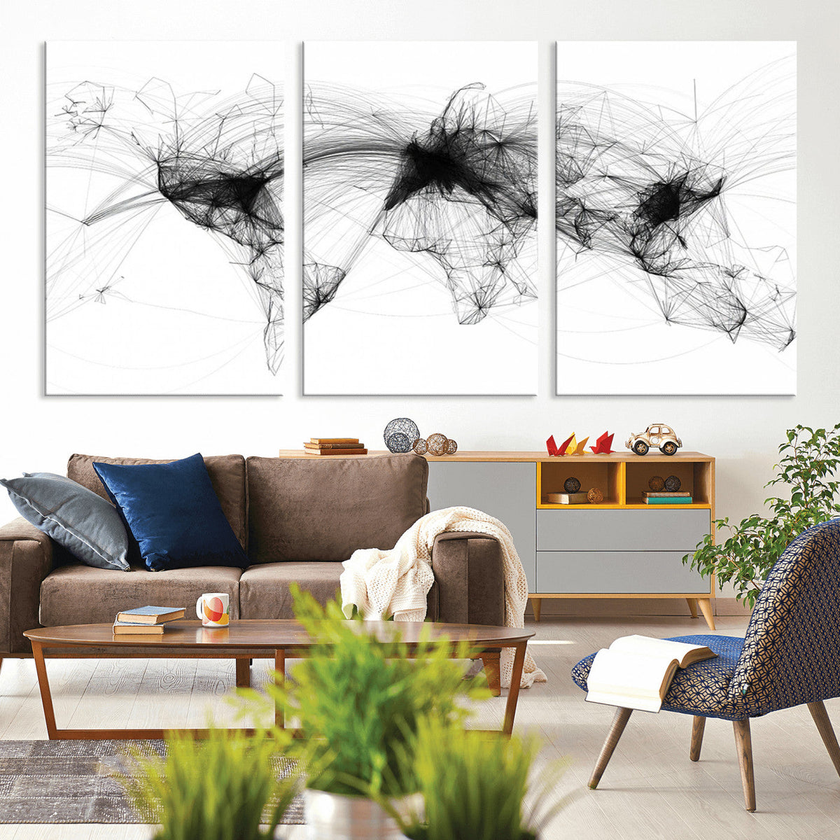 Abstract World Map Wall Art | Framed Geometric Line Canvas