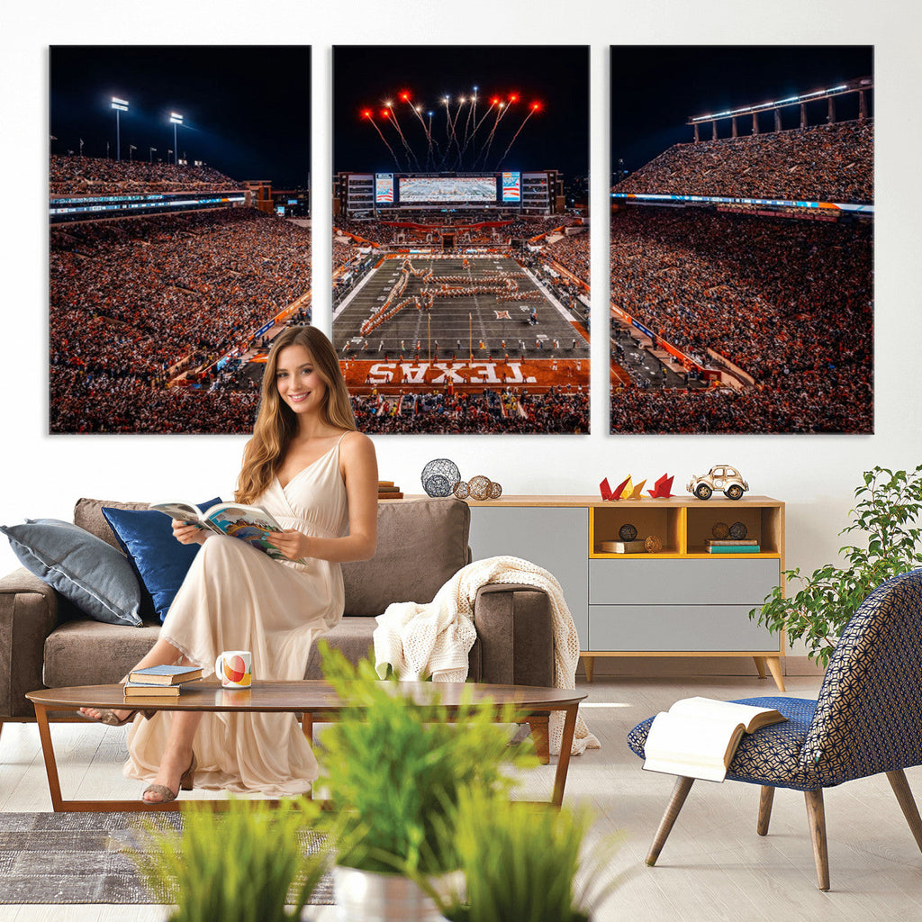 Texas Stadium Night Game Wall Art Canvas Print, Vibrant Football Fireworks Scene