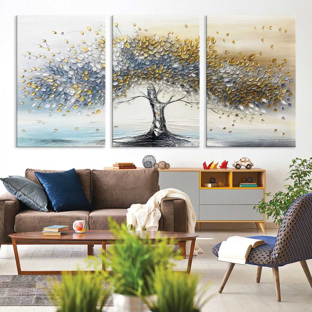 Silver Tree Wall Art | Framed Golden Leaves Canvas Artwork