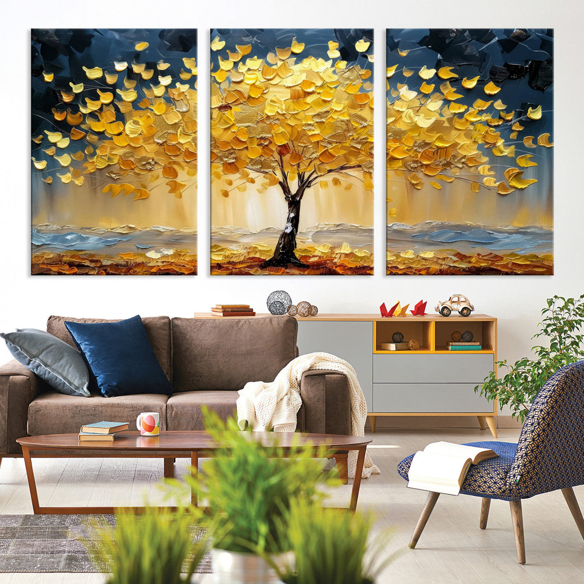Golden Tree Wall Art | Framed Autumn Leaves Canvas Artwork