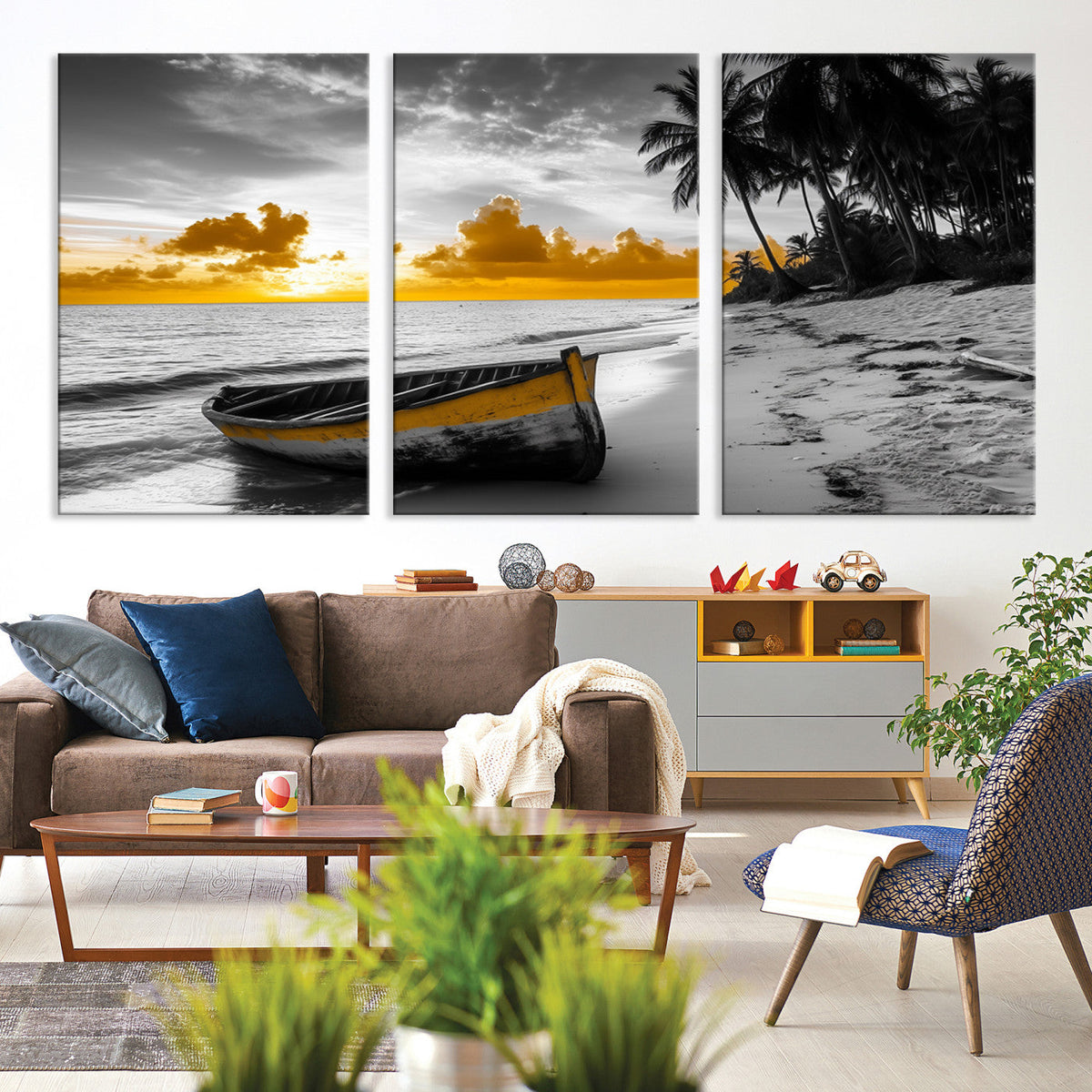 Yellow Rowboat Wall Art | Framed Tropical Shoreline Canvas