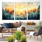 Sunrise Forest Wall Art | Framed Misty Pines Canvas Artwork