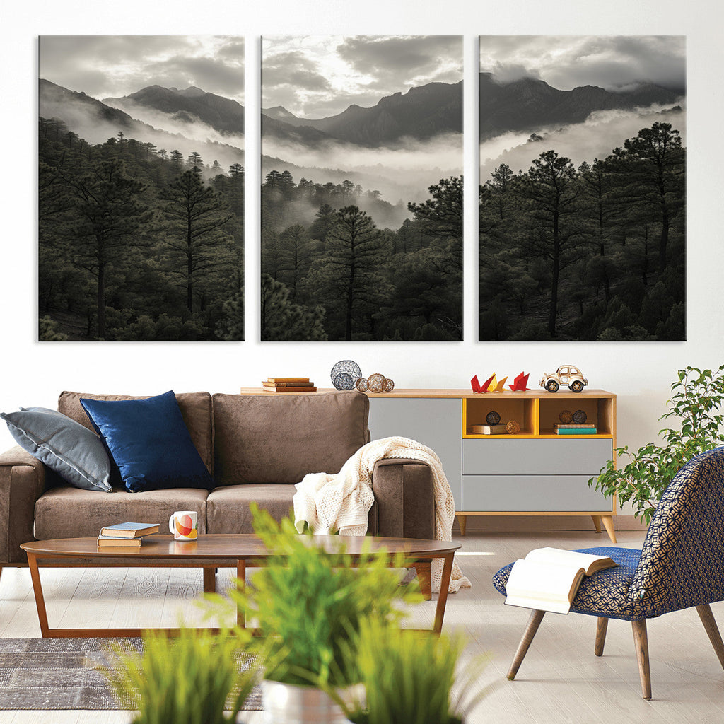 Moody Forest Wall Art | Framed Mountain Fog Canvas Artwork