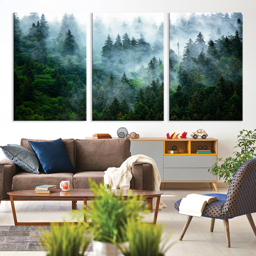 Misty Forest Wall Art Canvas Print | Framed Foggy Mountain Landscape