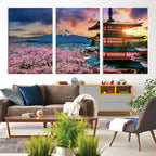 Mount Fuji Cherry Blossom Wall Art Canvas Print | Framed Pagoda Sunset