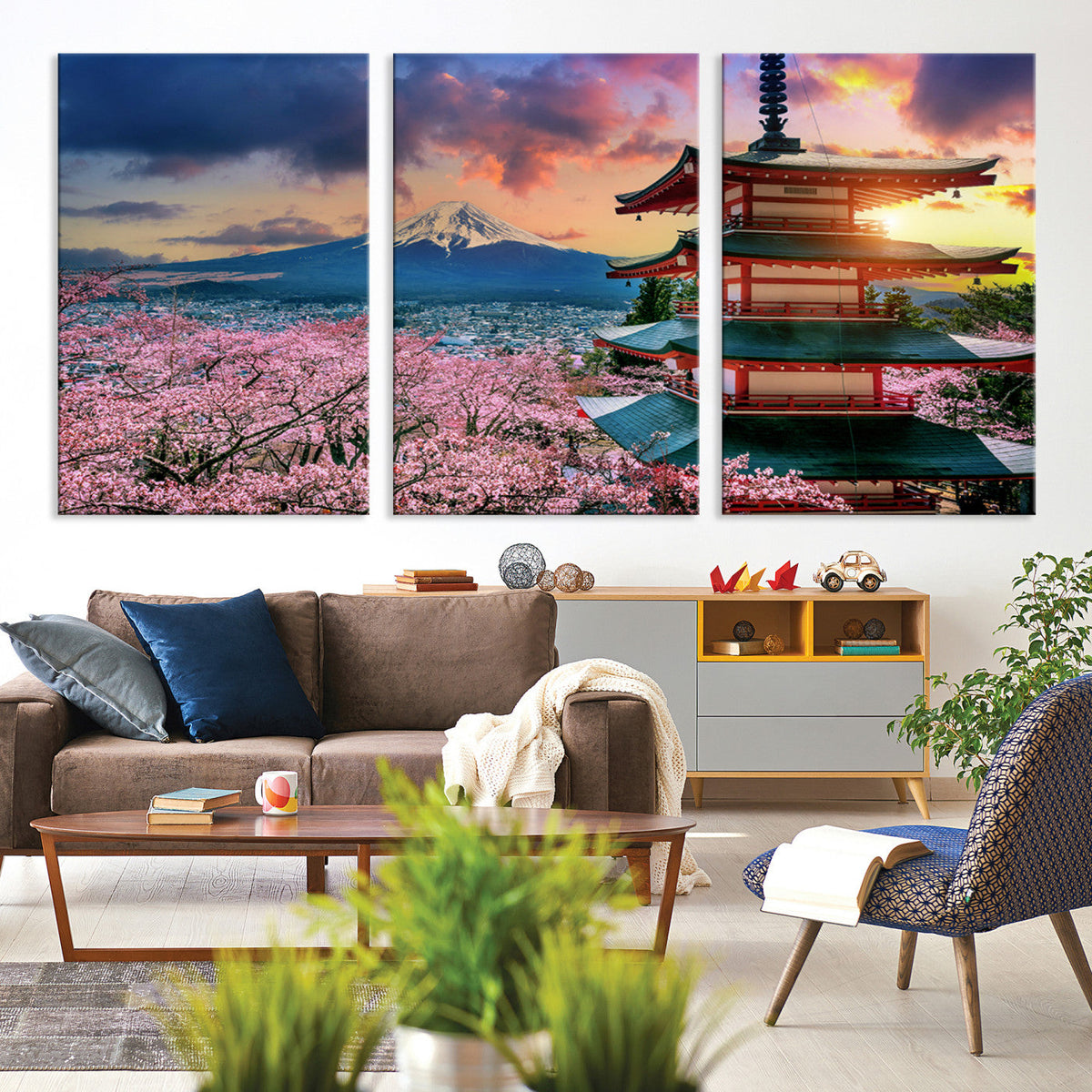 Mount Fuji Cherry Blossom Wall Art Canvas Print | Framed Pagoda Sunset
