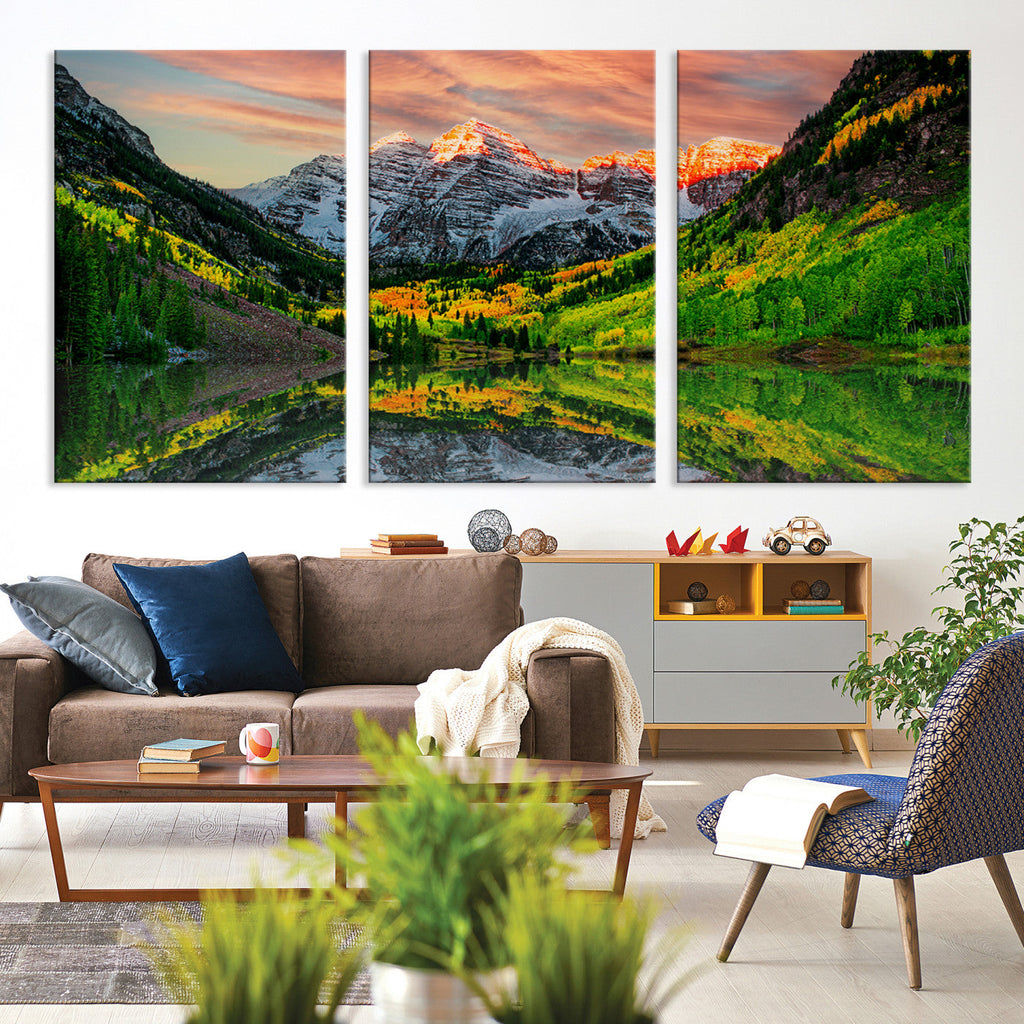 Sunset Glow Mountain Wall Art Canvas Print | Peaks, Green Forest and Lake