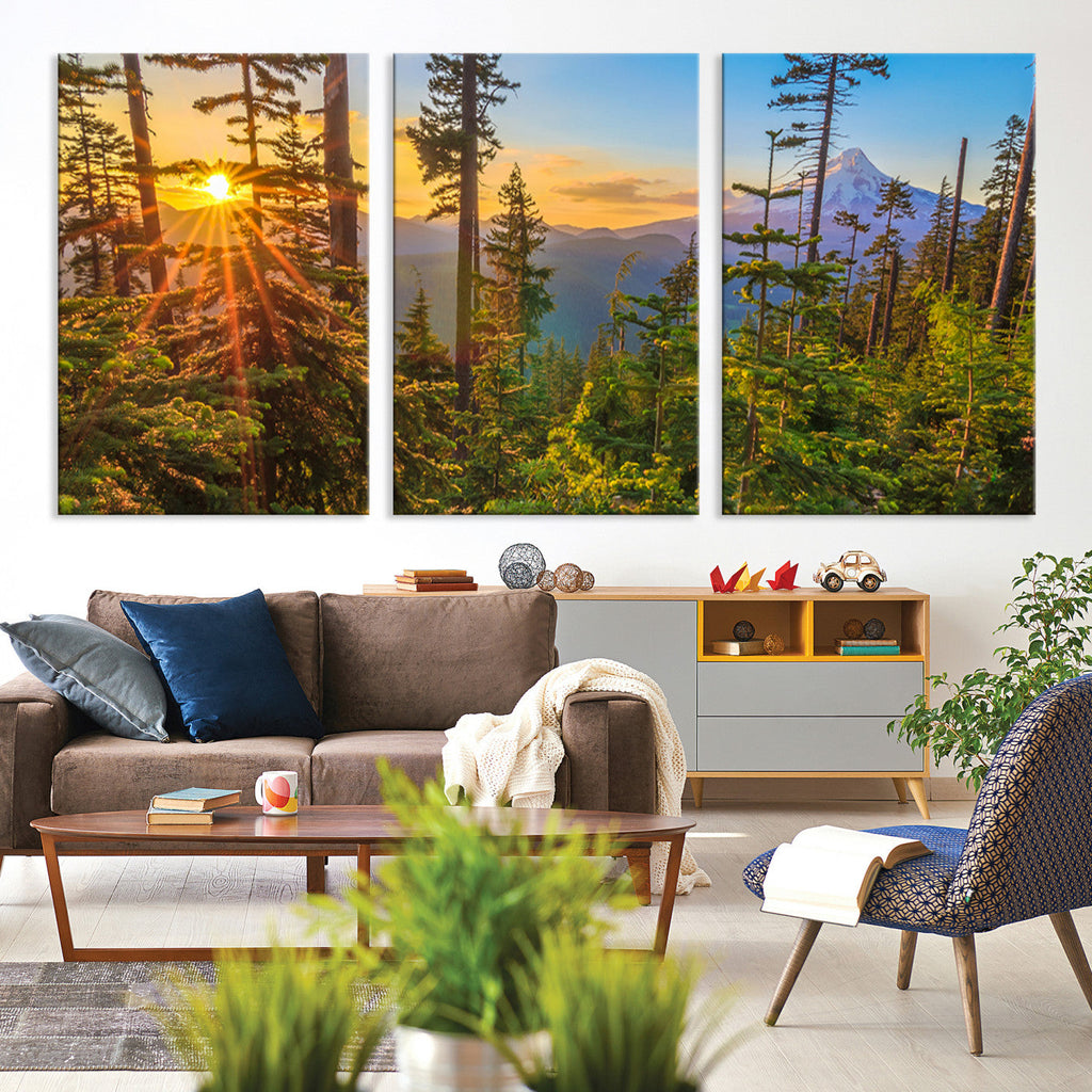 Forest Sunset Wall Art Canvas Print | Green Pines in Golden Light