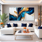 Gold Blue Abstract Canvas Print, Elegant Navy and Gold Marble Flow