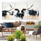 Texas Longhorn Wall Art Canvas Print | Majestic Horned Bull in Black and White