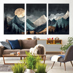 Moonlit Mountain Wall Art Canvas Print, Framed Silhouetted Pines Art, Layered Peaks Rustic Decor