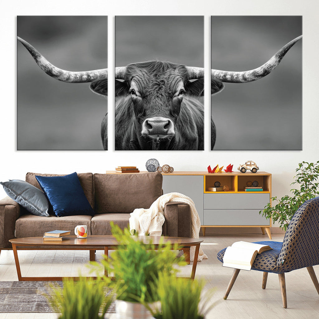 Texas Longhorn Wall Art Canvas Print, Framed Western Bull Photography, Rustic Log Cabin Decor