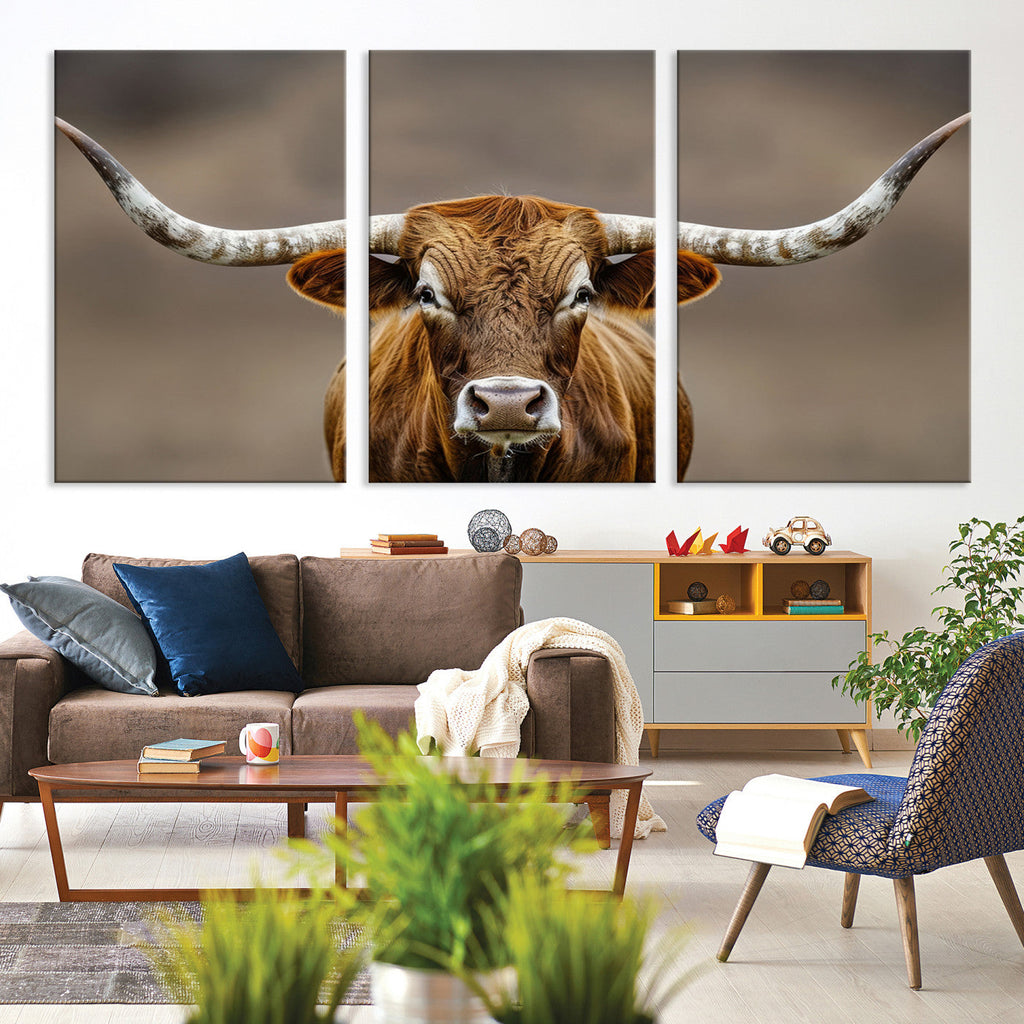 Texas Longhorn Wall Art Canvas Print | Rustic Brown Bull Western Decor