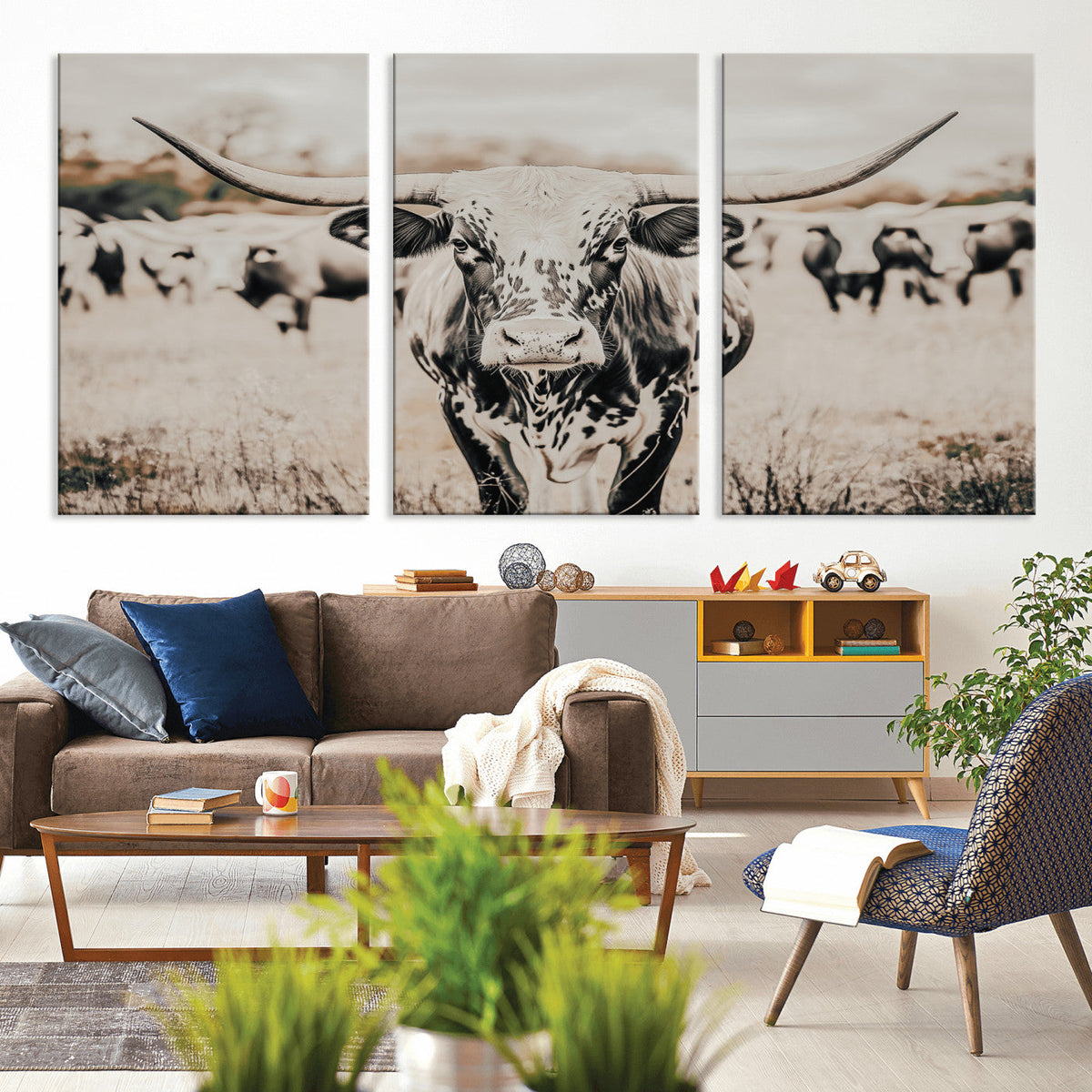 Texas Longhorn Wall Art Canvas Print | Framed Speckled Brown and White Bull