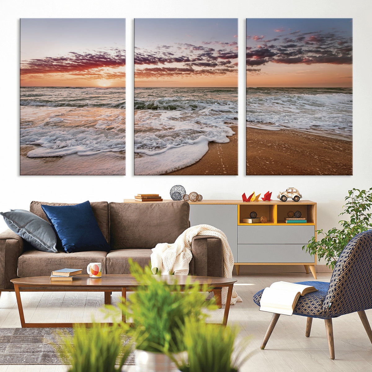 Ocean Sunset Wall Art Canvas Print | Sandy Shore and Gentle Waves
