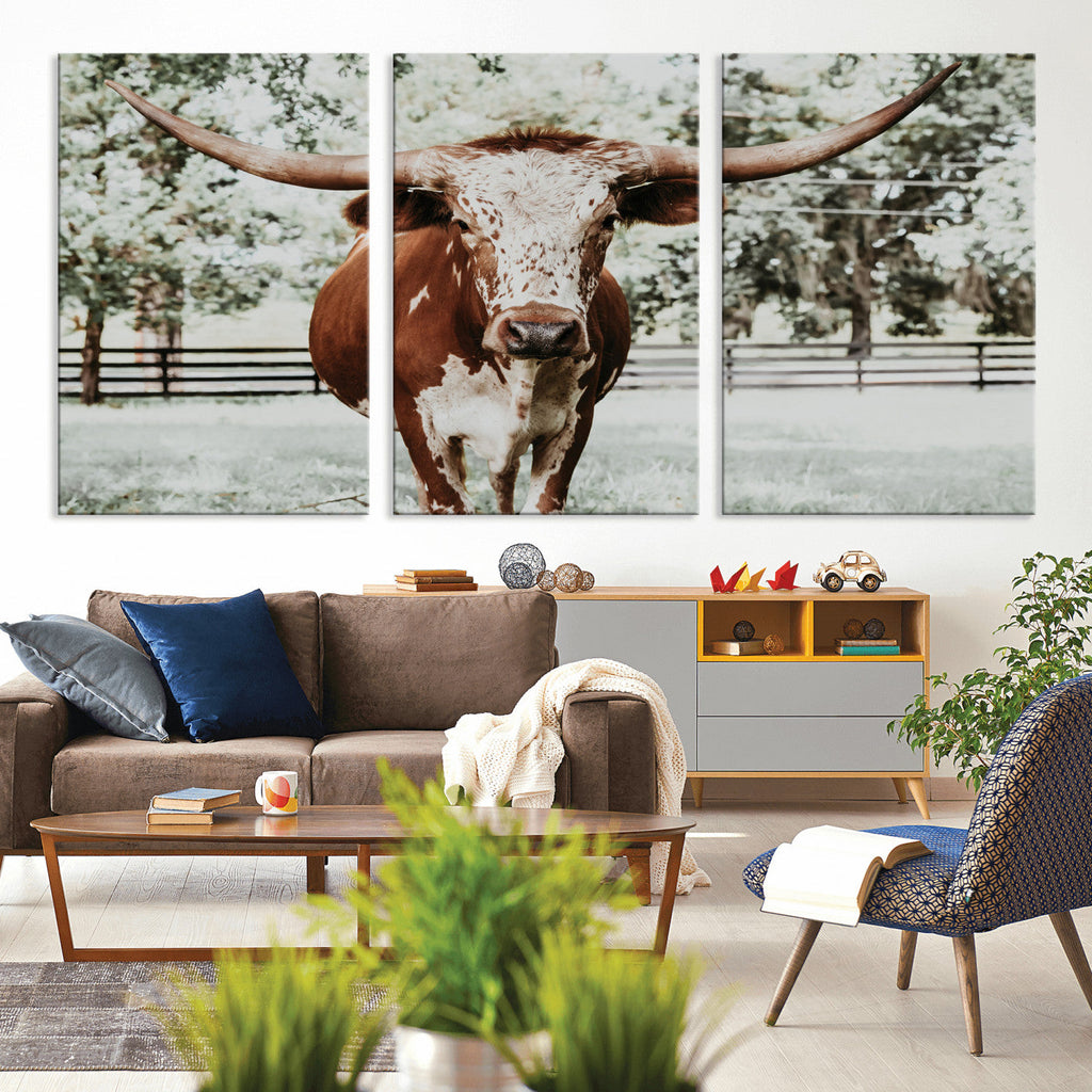 Texas Longhorn Wall Art Canvas Print | Framed Spotted Brown and White Bull