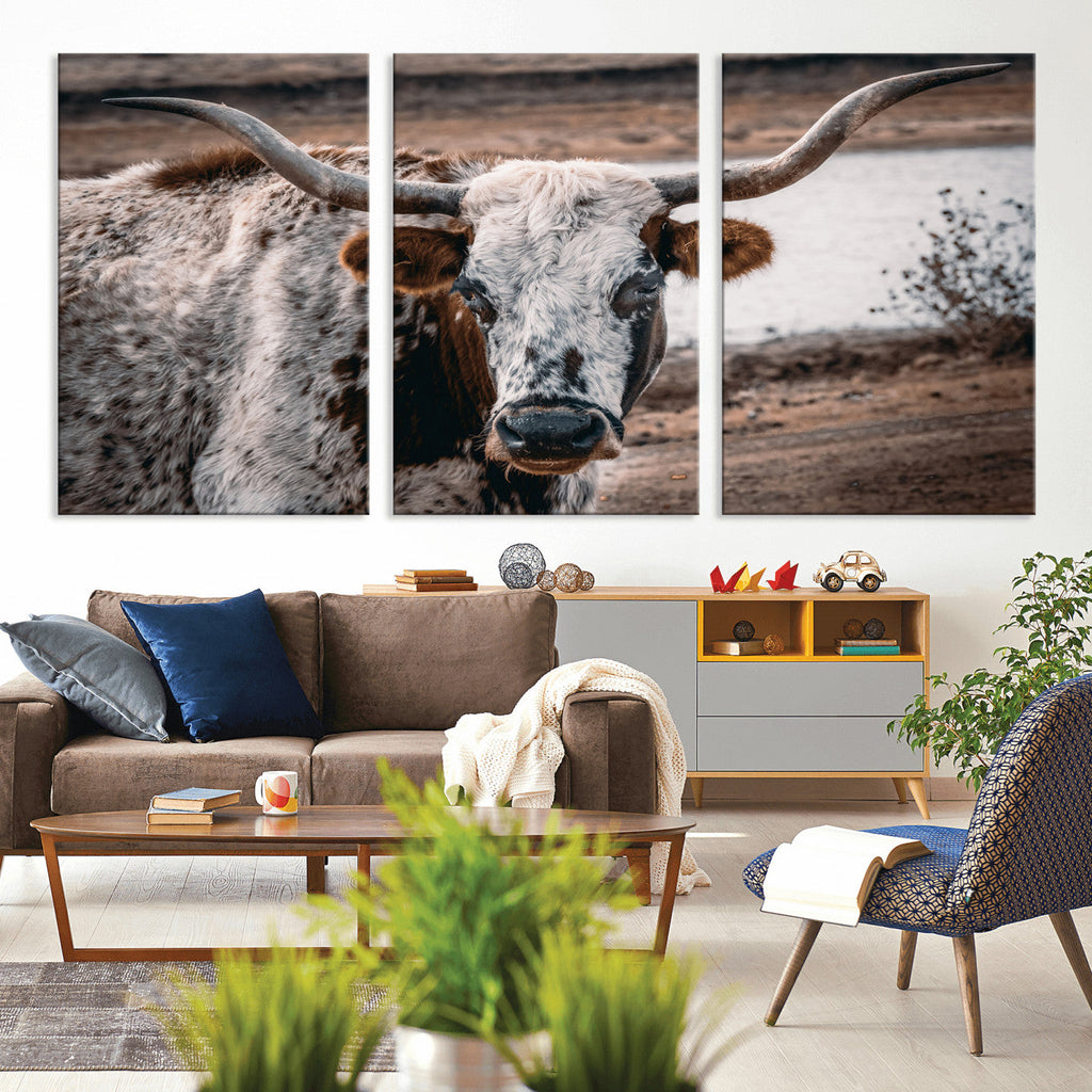 Texas Longhorn Wall Art Canvas Print | Framed Brown and White Spotted Longhorn