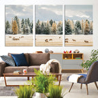 Elk Herd Wall Art, Framed Snowy Forest Canvas Artwork