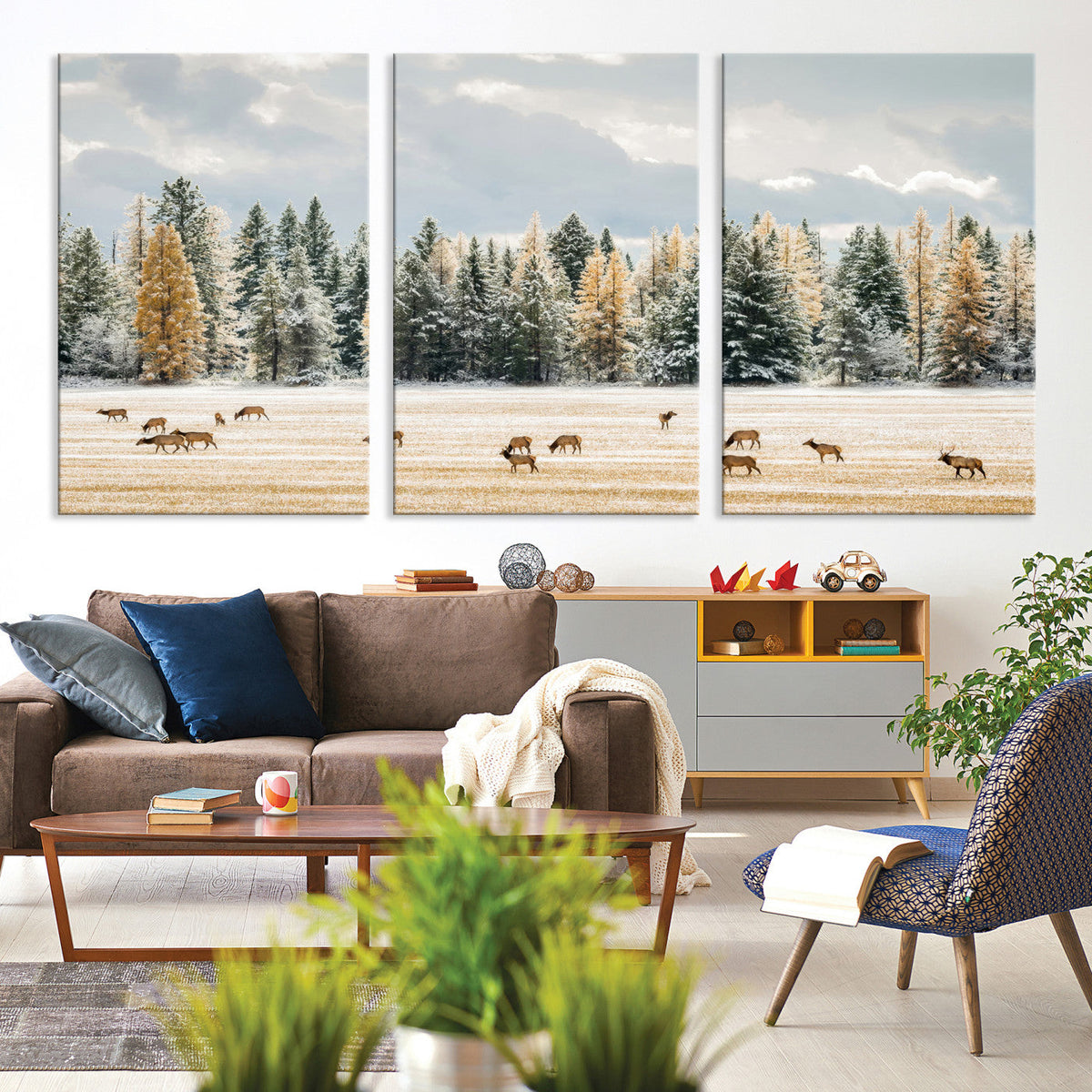 Elk Herd Wall Art, Framed Snowy Forest Canvas Artwork