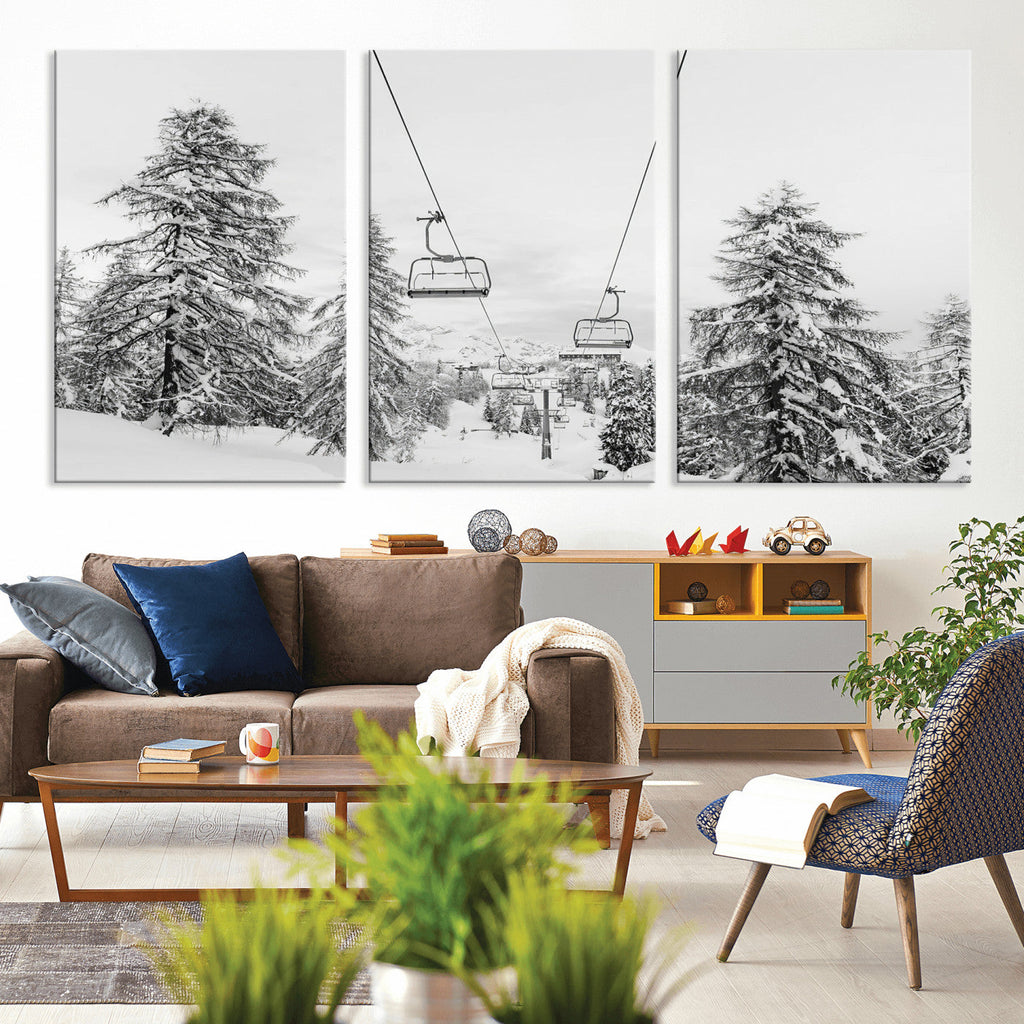 Snowy Ski Lift Wall Art | Framed Winter Forest Canvas