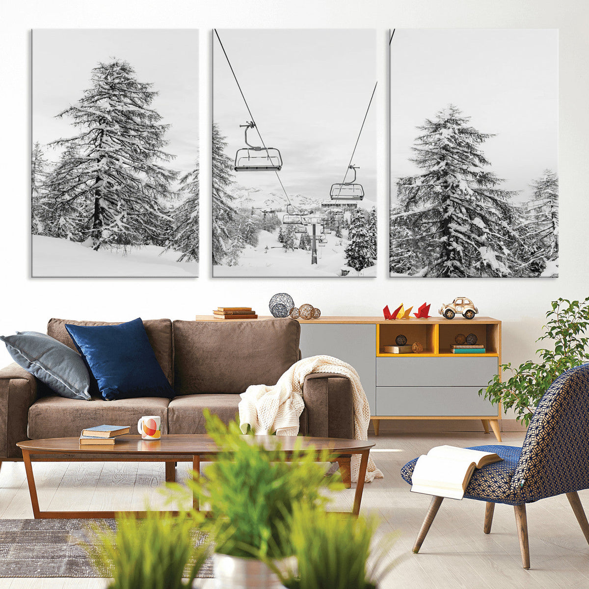 Snowy Ski Lift Wall Art | Framed Winter Forest Canvas