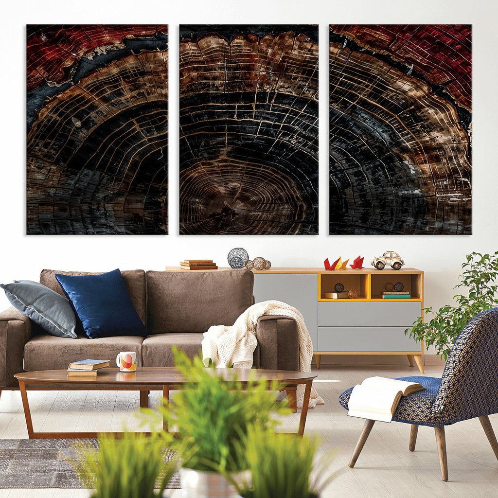 Dark Wood Ring Wall Art Canvas Print, Framed Abstract Tree Slice Print, Rustic Wood Grain Decor