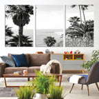Palm Trees Wall Art Canvas Print, Framed Coastal Ocean Horizon Monochrome Art