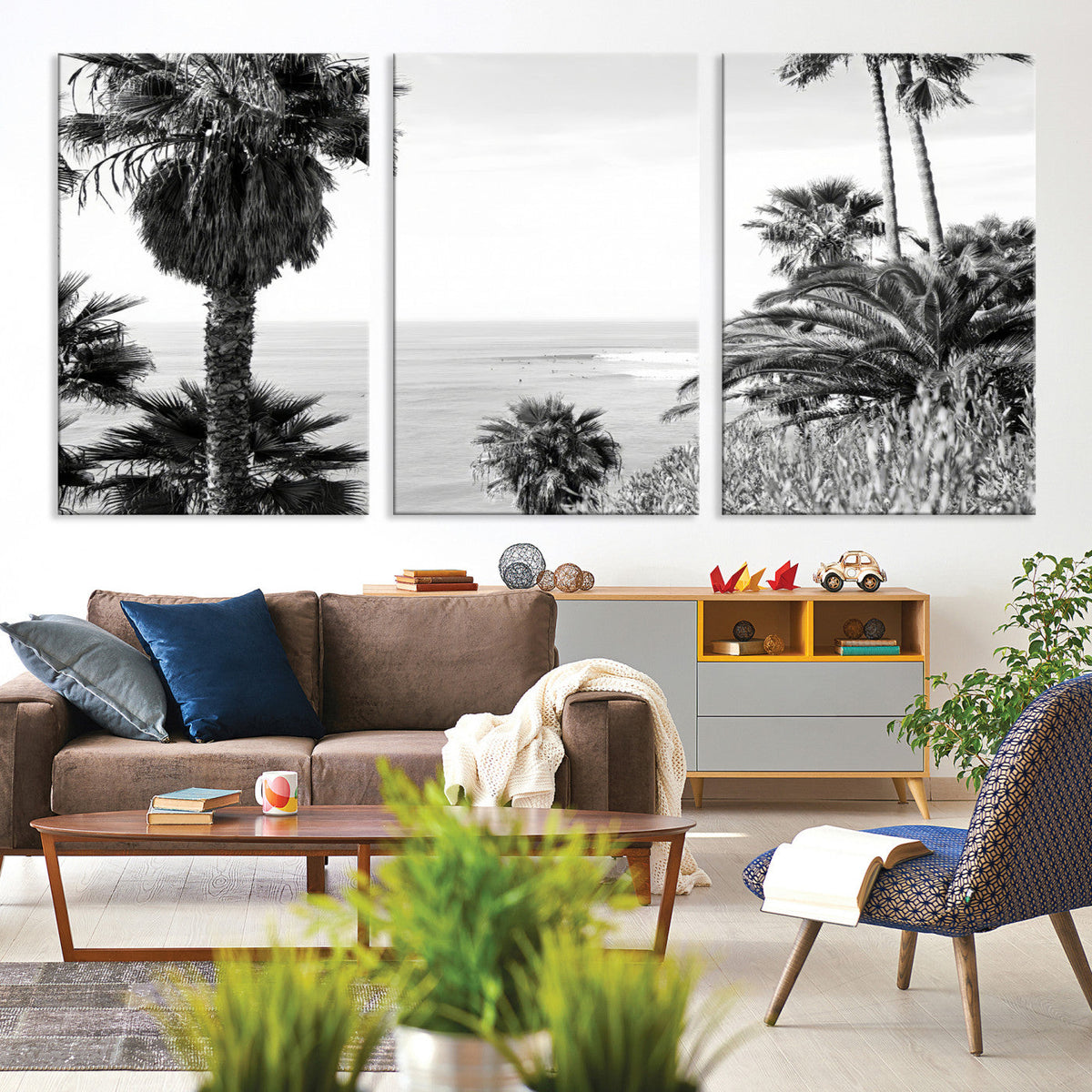 Palm Trees Wall Art Canvas Print, Framed Coastal Ocean Horizon Monochrome Art