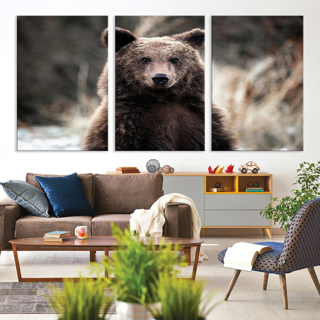 Brown Bear Wall Art Canvas Print, Framed Majestic Woodland Wildlife Cabin Art