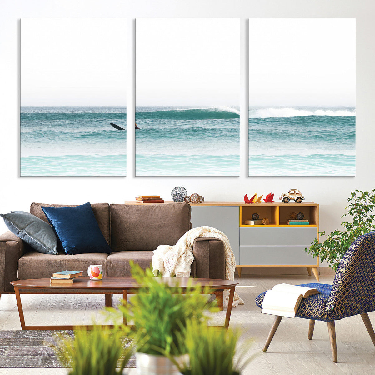 Surfing Wall Art Canvas Print, Framed Minimalist Ocean Waves Beach Art