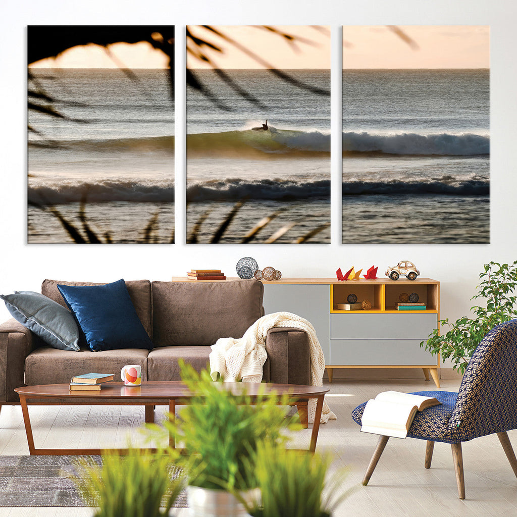 Sunset Surf Wall Art Canvas Print, Framed Golden Hour Waves Boho Beach Art