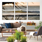 Sunset Surf Wall Art Canvas Print, Framed Golden Hour Waves Boho Beach Art