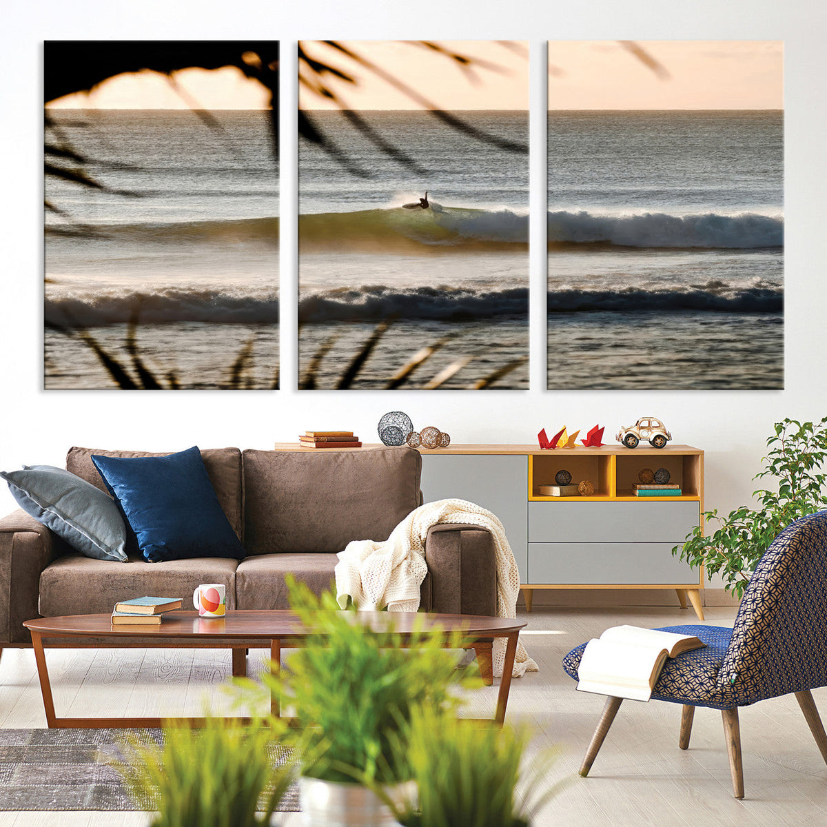 Sunset Surf Wall Art Canvas Print, Framed Golden Hour Waves Boho Beach Art