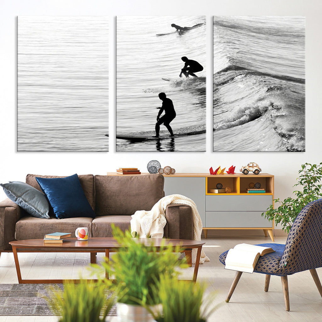 Surfers on Waves Wall Art Canvas Print | Framed Black and White Surf