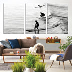 Surfers on Waves Wall Art Canvas Print | Framed Black and White Surf