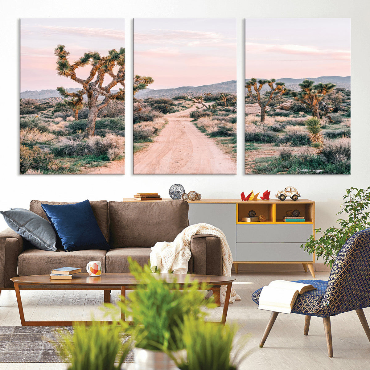 Joshua Tree Wall Art Canvas Print, Framed Desert Road Scene at Sunset