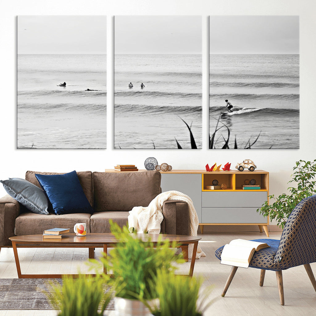 Surfer Silhouette Wall Art | Framed Calm Ocean Canvas