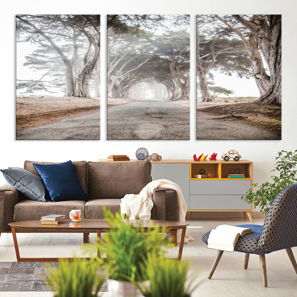 Cypress Tunnel Wall Art | Framed Misty Road Canvas Artwork