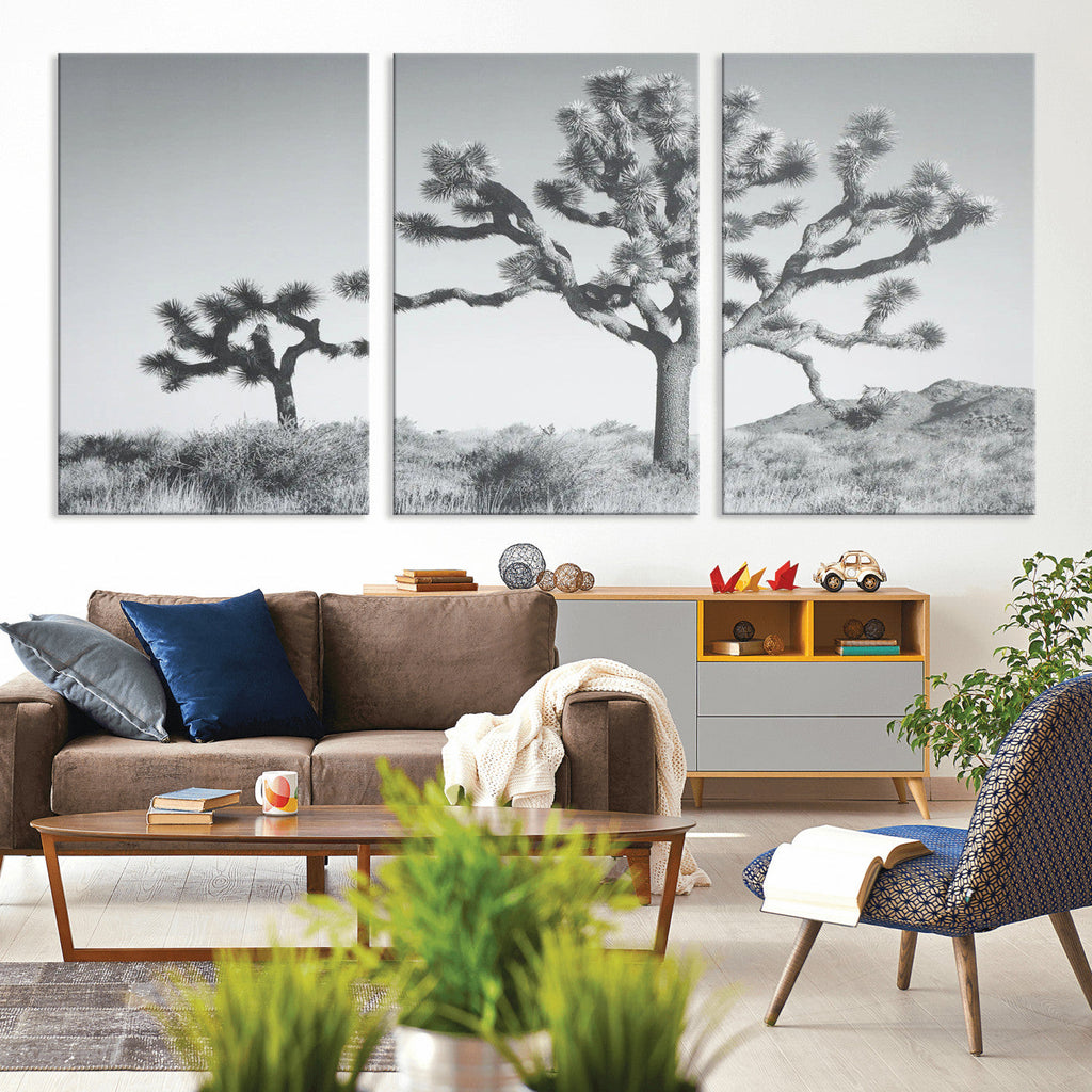 Joshua Tree Wall Art Canvas Print, Framed Black and White Desert Landscape Artwork