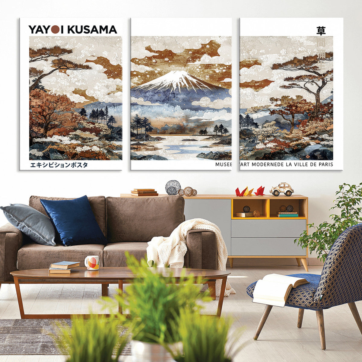 Modern Japanese Mount Fuji Canvas Art Print, Yayoi Kusama Wall Art, Framed Abstract Japanese Landscape