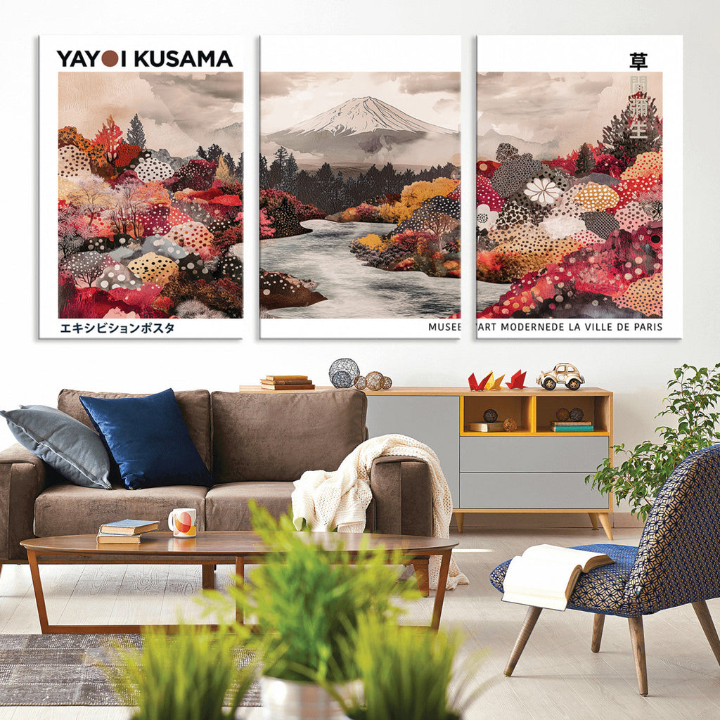 Modern Japanese Wall Art Canvas Print, Framed Abstract Mount Fuji Art, Yayoi Kusama Japanese Landscape