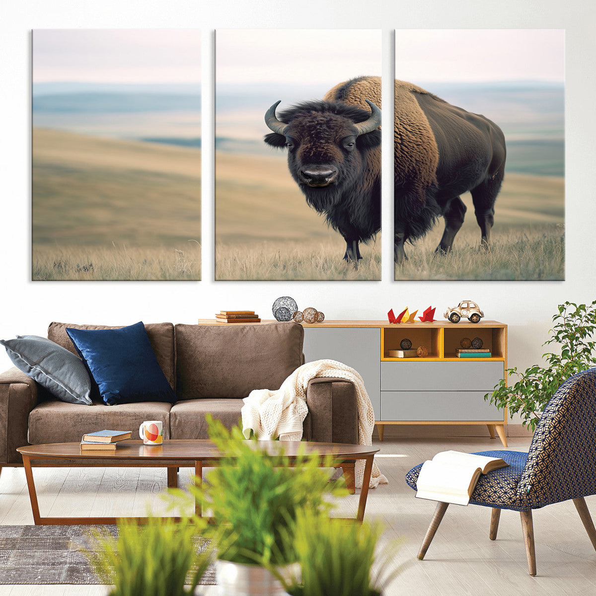 Bison Wall Art Canvas Print, Framed American Buffalo Rustic Western Artwork