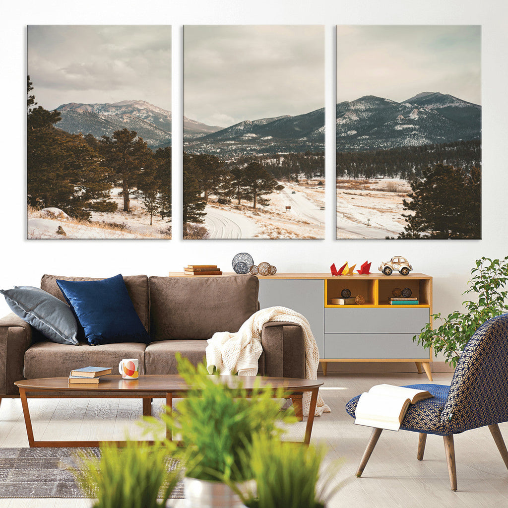 Mountain Landscape Wall Art Canvas Print, Framed Snowy Peaks Alpine Winter