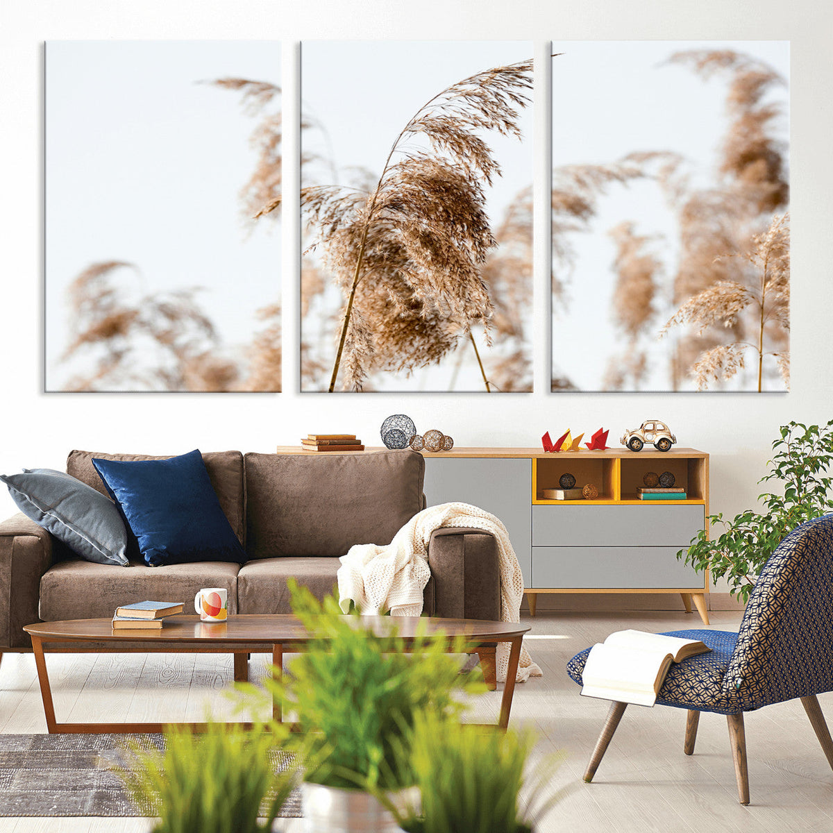 Pampas Grass Wall Art Canvas Print, Framed Neutral Tones Minimalist Boho