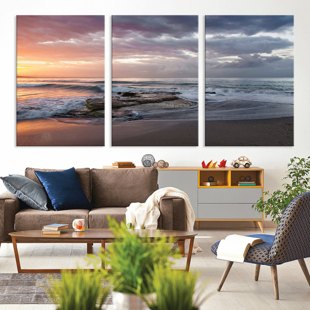 Golden Hour Wall Art Canvas Print, Framed Tranquil Waves Beach Sunset