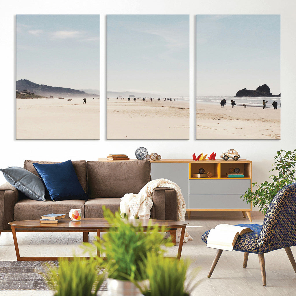 Minimalist Beach Wall Art Canvas Print, Framed Coastal Serenity Soft Sand