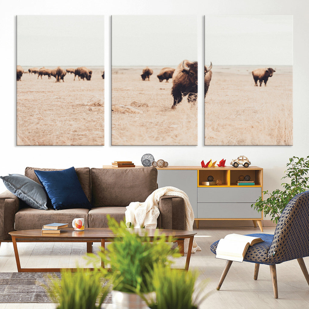 Bison Herd Wall Art Canvas Print, Framed Western Prairie Serenity
