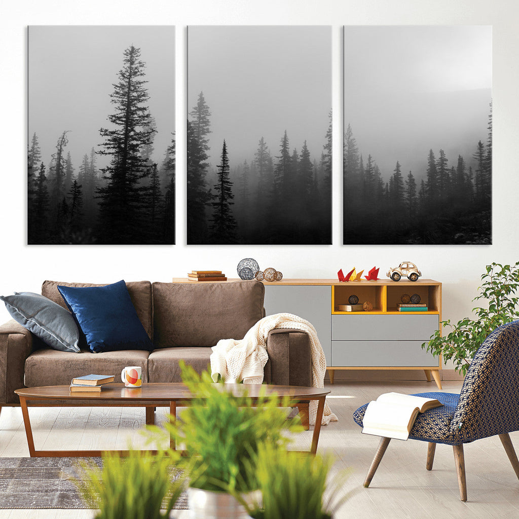 Misty Pines Wall Art Canvas Print, Framed Woodland Minimalist Black and White