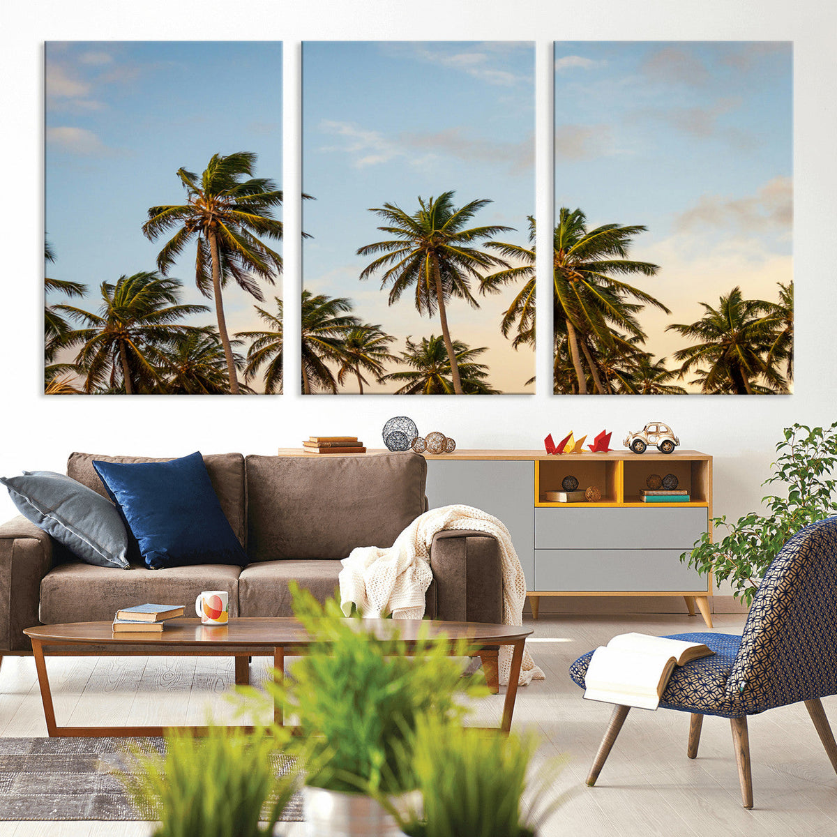 Palm Trees Wall Art Canvas Print, Framed Tropical Vibes Coastal Sunset