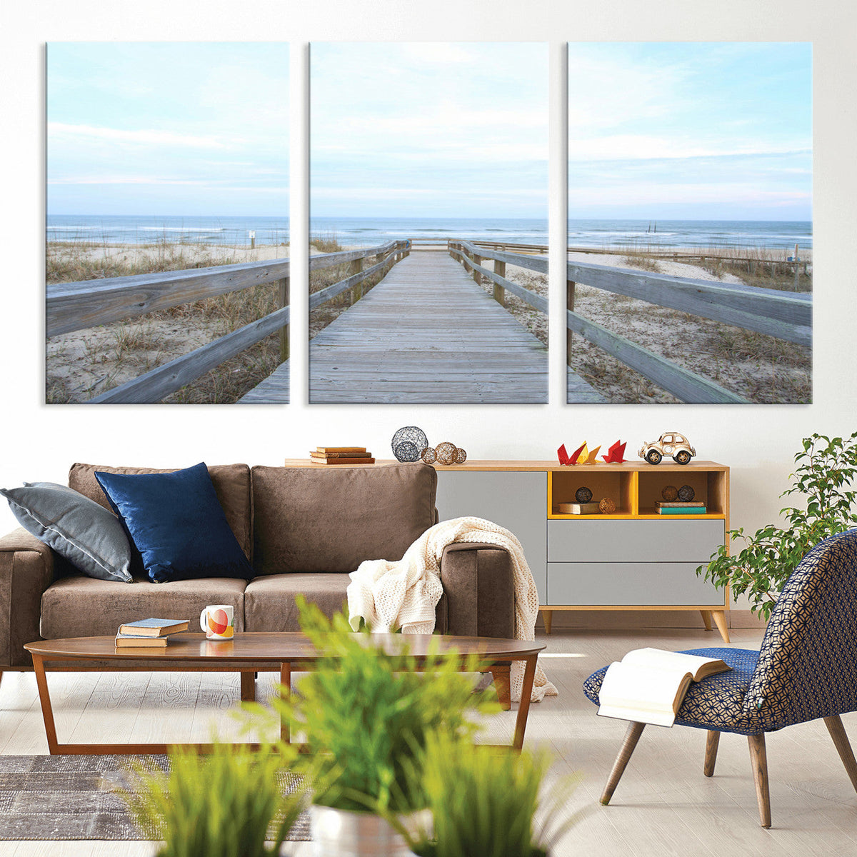 Beach Boardwalk Wall Art Canvas Print, Framed Coastal Serenity Ocean View